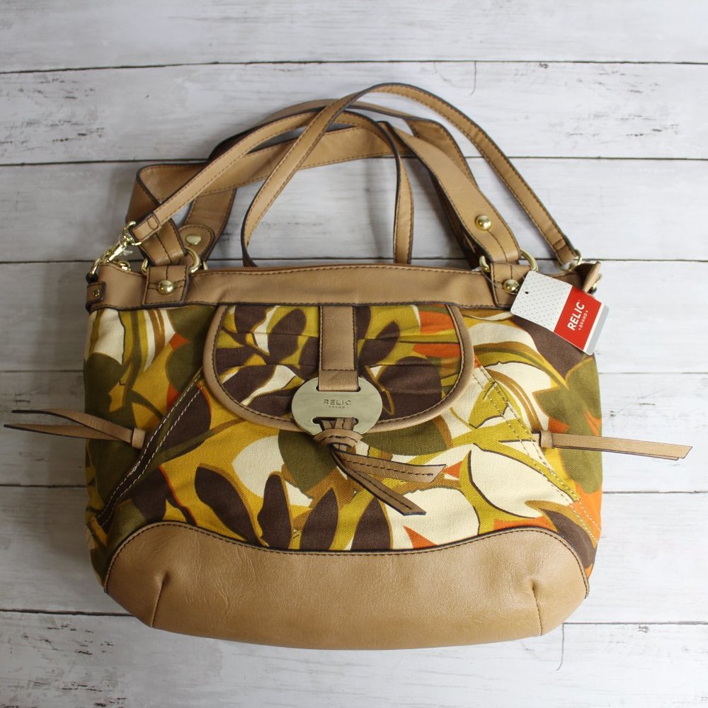 Relic Shoulder Bag Handbag Purse Tan Brown Green Orange Floral Crossbody - Picture 4 of 7